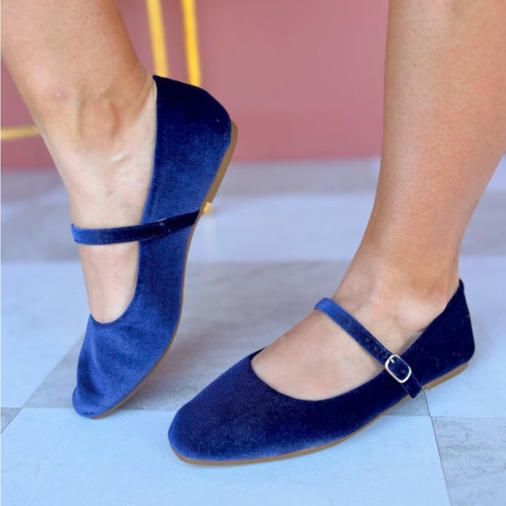 Elegant Blue Velvet Mary Jane Flats